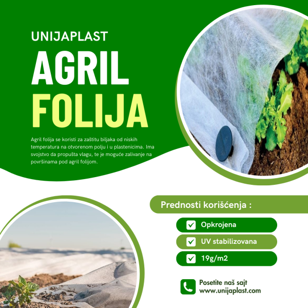 Agril folija 4.2m/20m 19g/m2 je netkani agrotekstil tj.agril folija za pokrivanje biljaka. Prilikom proizvodnje Plant-protek agril folije vođeno je računa o svim parametrima. Koji su važni kako u profesionalnoj poljoprivredi i hortikulturi, tako i u hobi primeni. Plant-protek je dugi niz godina najcenjeniji brend profesionalnog agrotekstila u Nemačkoj i Finskoj. Nekoliko godina dostupan je i u Poljskoj i u Srbiji samim tim i u Unijaplast-u. Izborom Plant-Protek agrotekstila, birate najjači netkani materijal dostupan na evropskom tržištu.