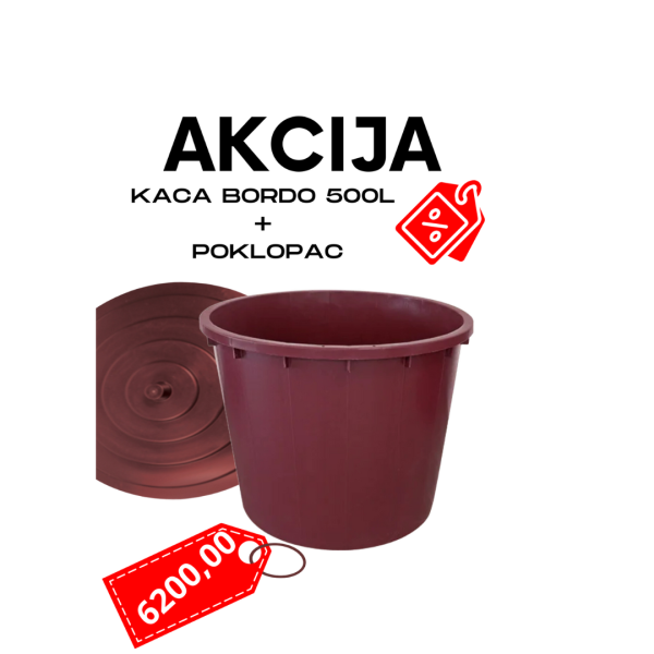 AKCIJA Kaca bordo 500L+poklopac je artikal koji vam može koristit za skladištenje bilo čega. Kaca i poklopac su proizvedeni od čistog originalnog materijala. Sama upotreba visokokvalitetnih sirovina u proizvodnji kace i poklopca dovelo je do izuzetno kvalitenog i otpornog proizvoda.