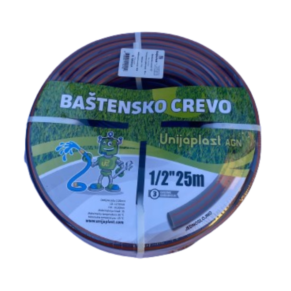 Baštensko crevo 1/2c 25m kvalitetno za efikasno navodnjavanje vaše bašte. Idealno za sve vrtne potrebe, otporno na UV zrake i hemikalije.